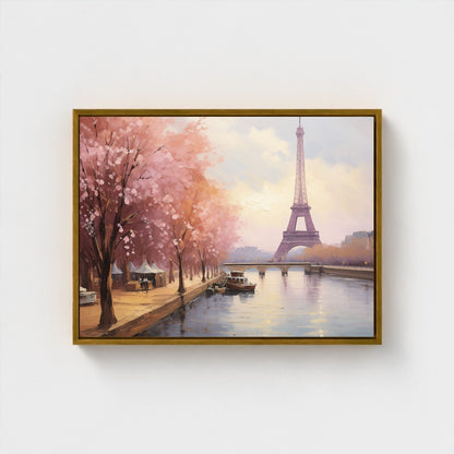 Paris Eiffel Tower Spring Cherry Blossoms Framed Wall Art Canvas Print - Romantic Cityscape Large Artwork