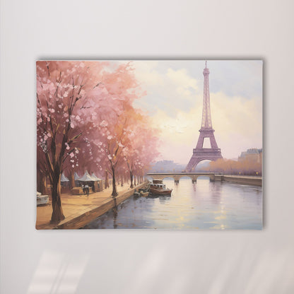 Paris Eiffel Tower Spring Cherry Blossoms Framed Wall Art Canvas Print - Romantic Cityscape Large Artwork