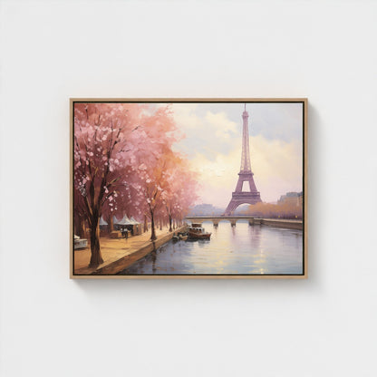 Paris Eiffel Tower Spring Cherry Blossoms Framed Wall Art Canvas Print - Romantic Cityscape Large Artwork