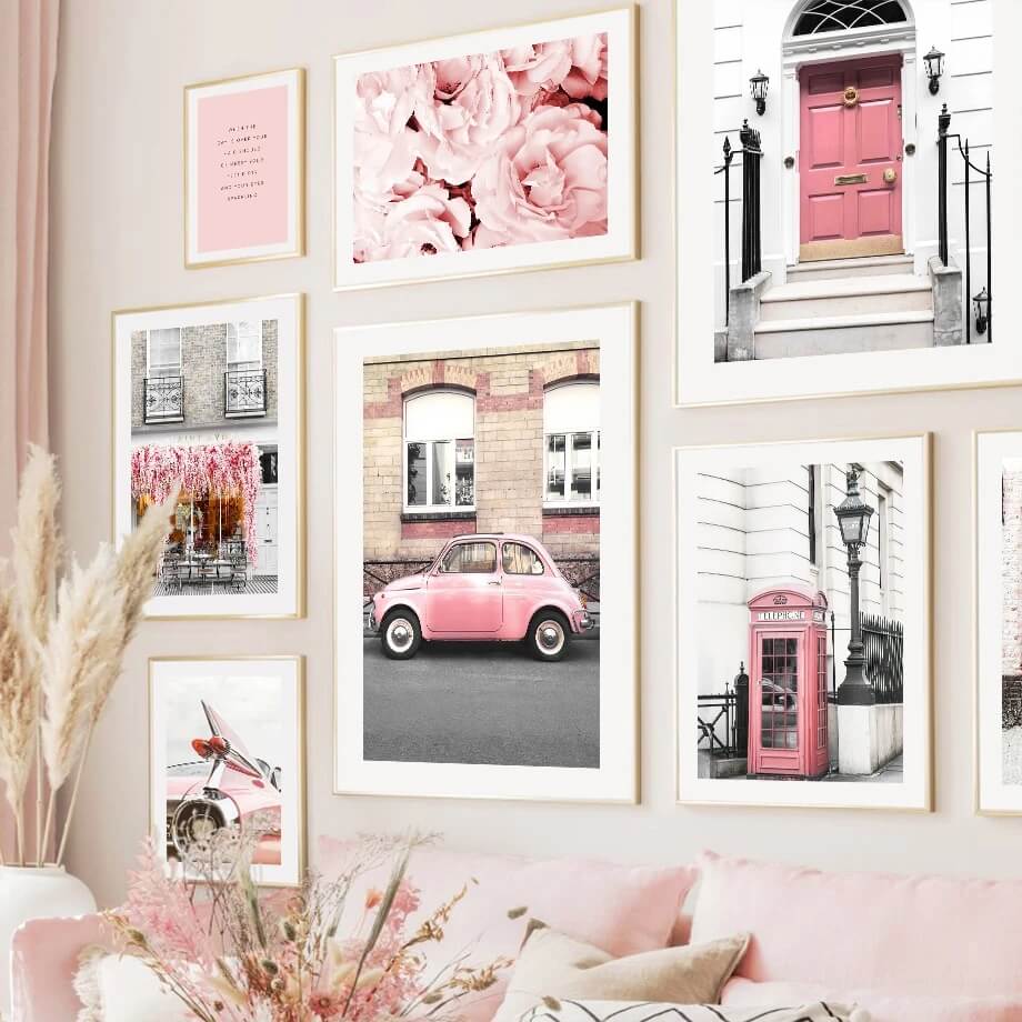 Paris Architecture Pink Car Peony Canvas Prints Vintage Large Wall Art Pink Fine Art Floral Posters For Living Room Girl Room Home Décor