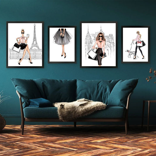 Paris Fashion Dancing Girl Dog Canvas Prints Minimalist Nordic Style Gallery Wall Art Set Of 4 Posters For Modern Girl Living Room Home Decor