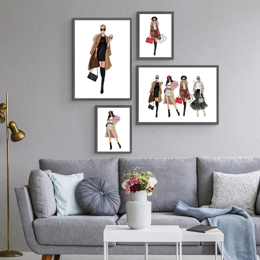 Paris Fashion Shopping Girl Canvas Prints Minimalist Nordic Style Elegant Woman Gallery Wall Art Set Of 4 Posters For Modern Girl Living Room Home Decor