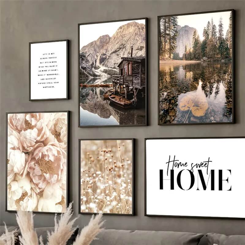 Pastel Landscape Scenery Canvas Prints Nordic Wall Art Autumn Mountain Lake Grass White Flower Poster For Rustic Living Room Wall Décor