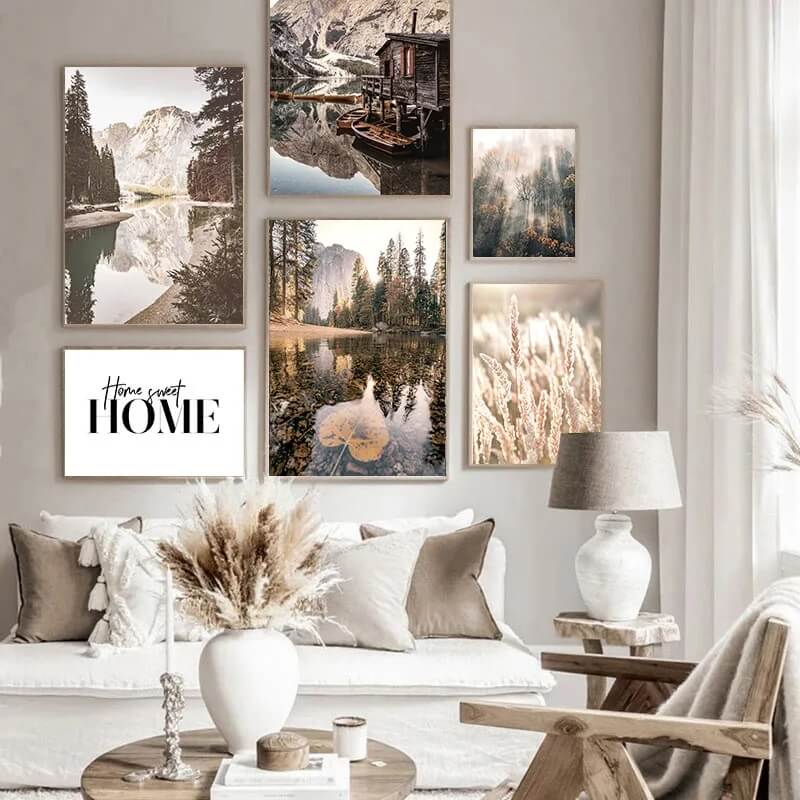 Pastel Landscape Scenery Canvas Prints Nordic Wall Art Autumn Mountain Lake Grass White Flower Poster For Rustic Living Room Wall Décor