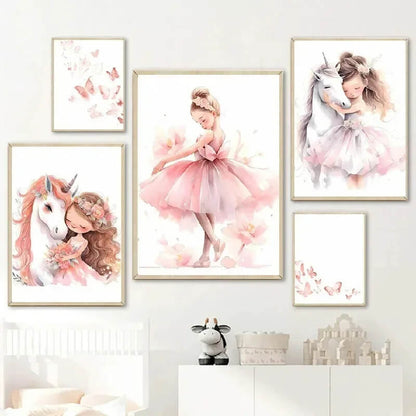 Pink Ballerina Little Girl Unicorn Butterfly Canvas Prints Pink Wall Art For Girls Kids Room Décor