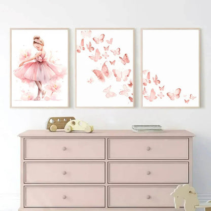 Pink Ballerina Little Girl Unicorn Butterfly Canvas Prints Pink Wall Art For Girls Kids Room Décor