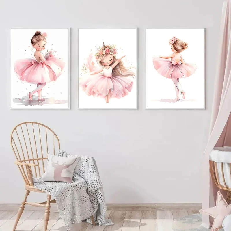 Pink Ballerina Little Girl Unicorn Butterfly Canvas Prints Pink Wall Art For Girls Kids Room Décor