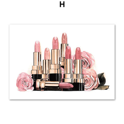 Pink Flower Perfume Lipstick Fashion Makeup Wall Art Canvas Prints Pink Fine Art For Girls Room Bedroom Wall Décor