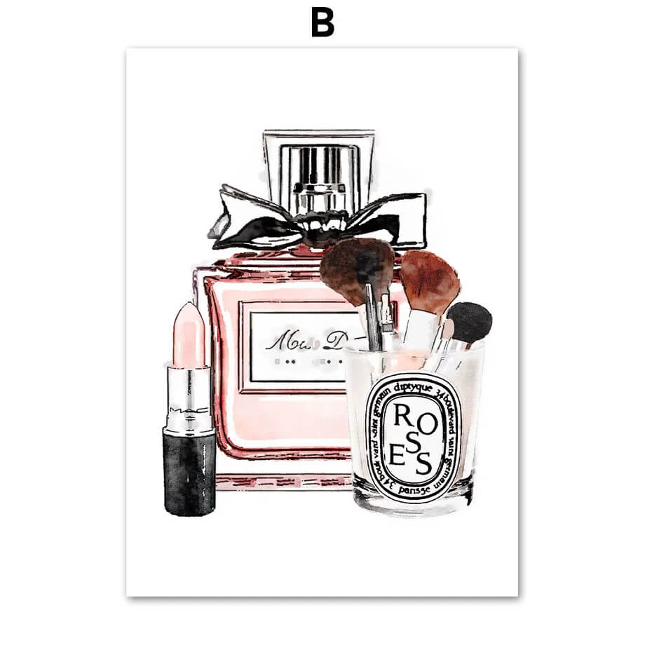 Pink Flower Perfume Lipstick Fashion Makeup Wall Art Canvas Prints Pink Fine Art For Girls Room Bedroom Wall Décor