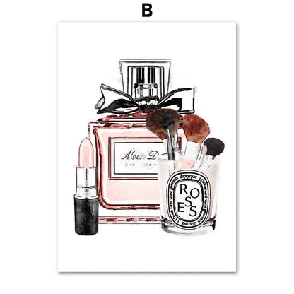 Pink Flower Perfume Lipstick Fashion Makeup Wall Art Canvas Prints Pink Fine Art For Girls Room Bedroom Wall Décor