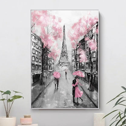 Pink Romantic City Couple Paris Eiffel Tower Canvas Print Wall Art For Living Room Bedroom Refresh Décor