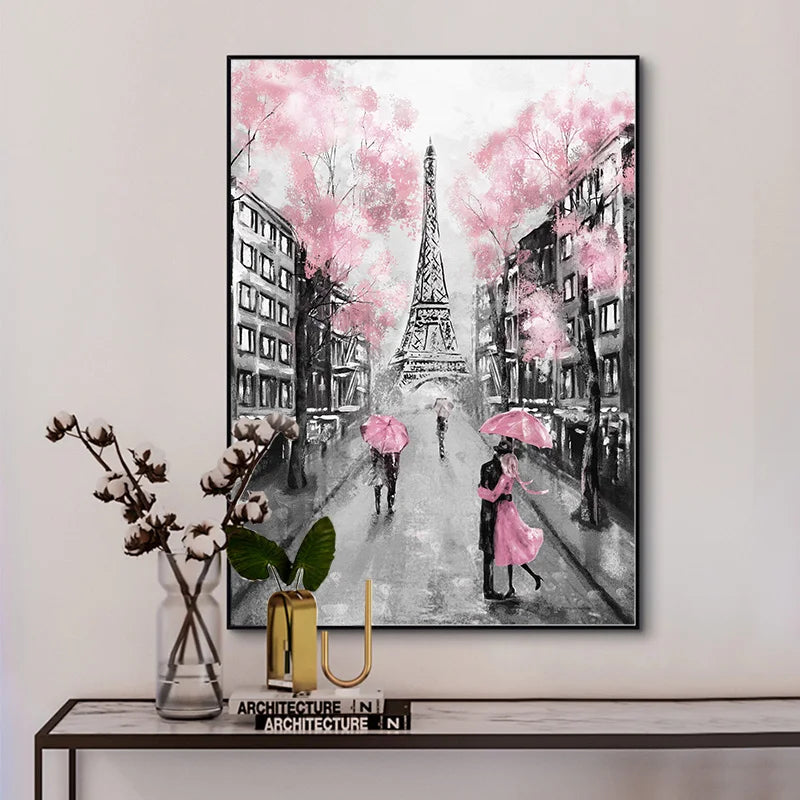 Pink Romantic City Couple Paris Eiffel Tower Canvas Print Wall Art For Living Room Bedroom Refresh Décor