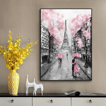 Pink Romantic City Couple Paris Eiffel Tower Canvas Print Wall Art For Living Room Bedroom Refresh Décor