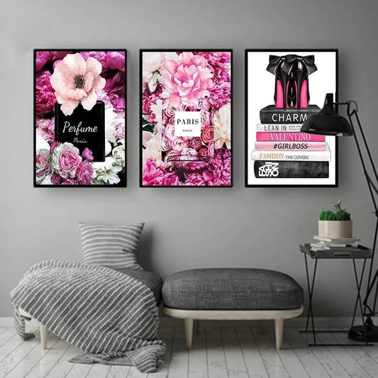 Pink Flowers Paris Fashion Canvas Prints Nordic Posters Pink Fine Art High Heels Perfume Pictures For Living Room Girl Room Home Décor