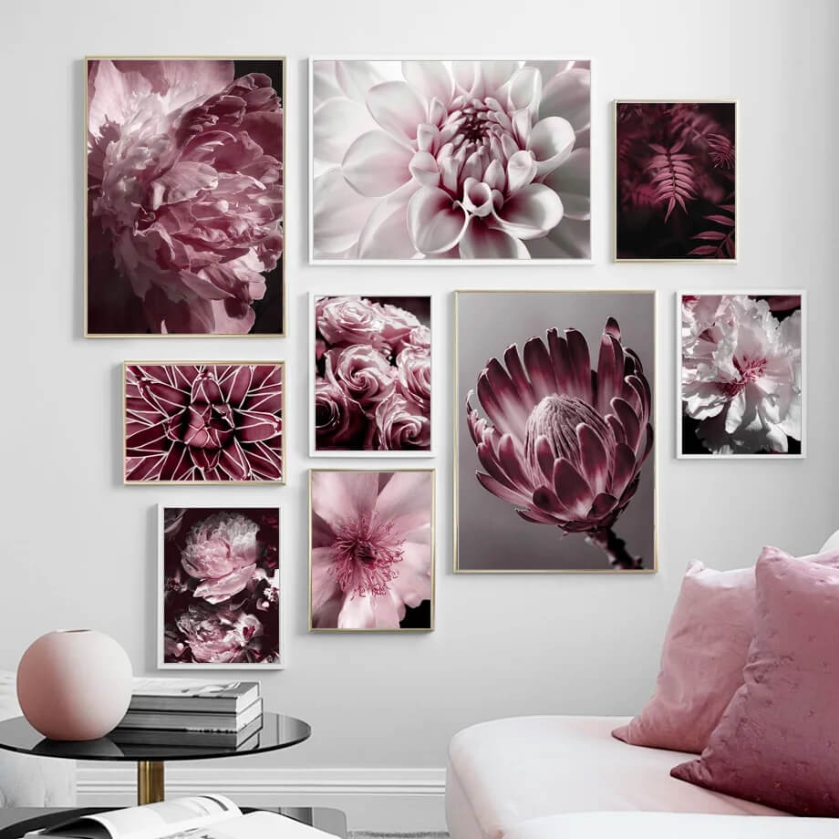 Pink Peony Rose Leaves Canvas Prints Nordic Wall Art Nature Flower Posters Pink Fine Art For Modern Living Room Salon Décor