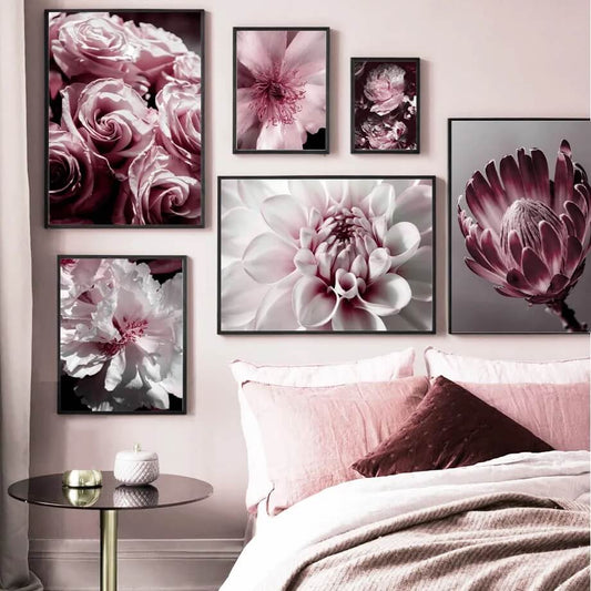 Pink Peony Rose Leaves Canvas Prints Nordic Wall Art Nature Flower Posters Pink Fine Art For Modern Living Room Salon Décor