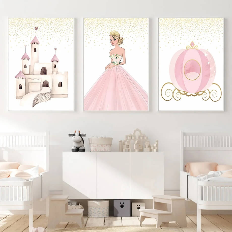 Pink Princess Castle Swan Unicorn Rainbow Love Wall Art Canvas Prints Nordic Posters Pink Fine Art Wall Pictures For Kids Room Décor