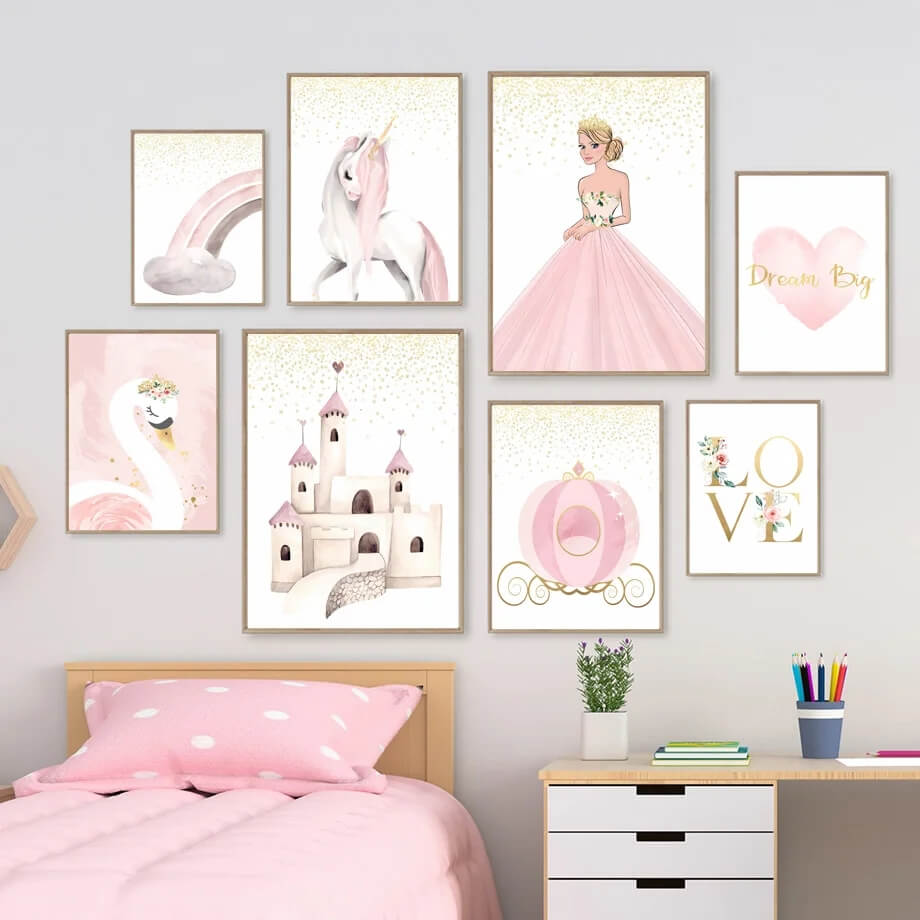 Pink Princess Castle Swan Unicorn Rainbow Love Wall Art Canvas Prints Nordic Posters Pink Fine Art Wall Pictures For Kids Room Décor