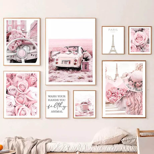 Pink Rose Paris Tower Vintage Car Macaroon Cake Wall Art Canvas Prints Pink Fine Art Inspirational Fashion Posters For Living Room Girls Room Décor