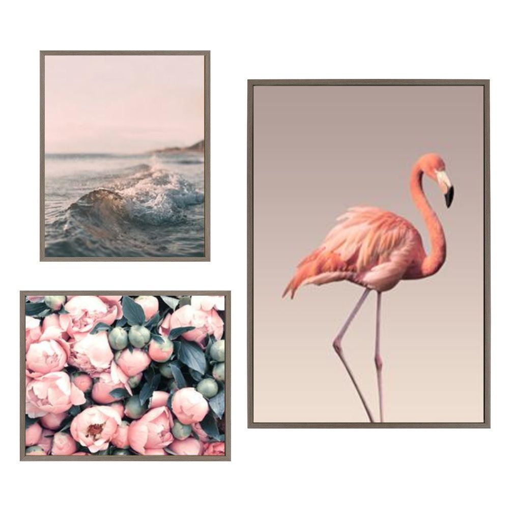 Pink Dream Flamingo Roses Nordic Floral Canvas Prints Gallery Wall Art Set Of 3 Posters For Modern Scandinavian Living Room Wall Decor