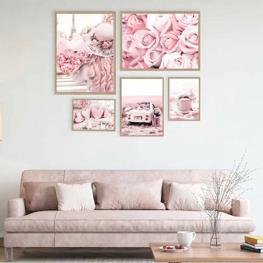 Pink Rose Paris Tower Vintage Car Pink Wall Art Canvas Prints Gallery Wall Art Set Of 4 Posters For Modern Living Room Home Decor