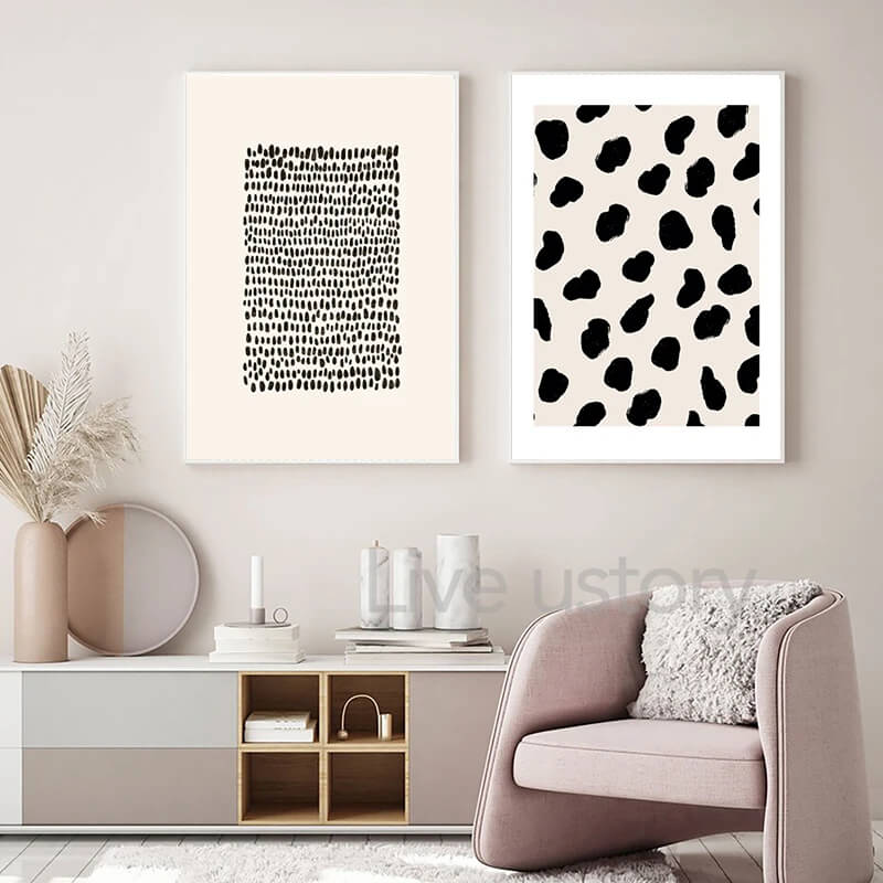 Polka Dots Pattern Minimalist Black White Neutral Canvas Prints Wall Art For Modern Nordic Living Room Dining Room Loft Décor