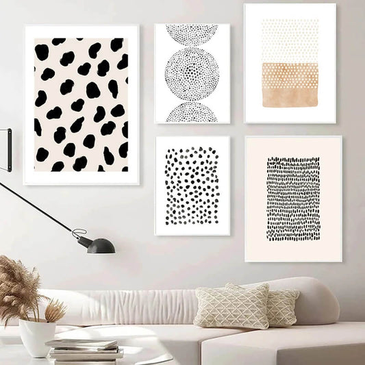 Polka Dots Pattern Minimalist Black White Neutral Canvas Prints Wall Art For Modern Nordic Living Room Dining Room Loft Décor