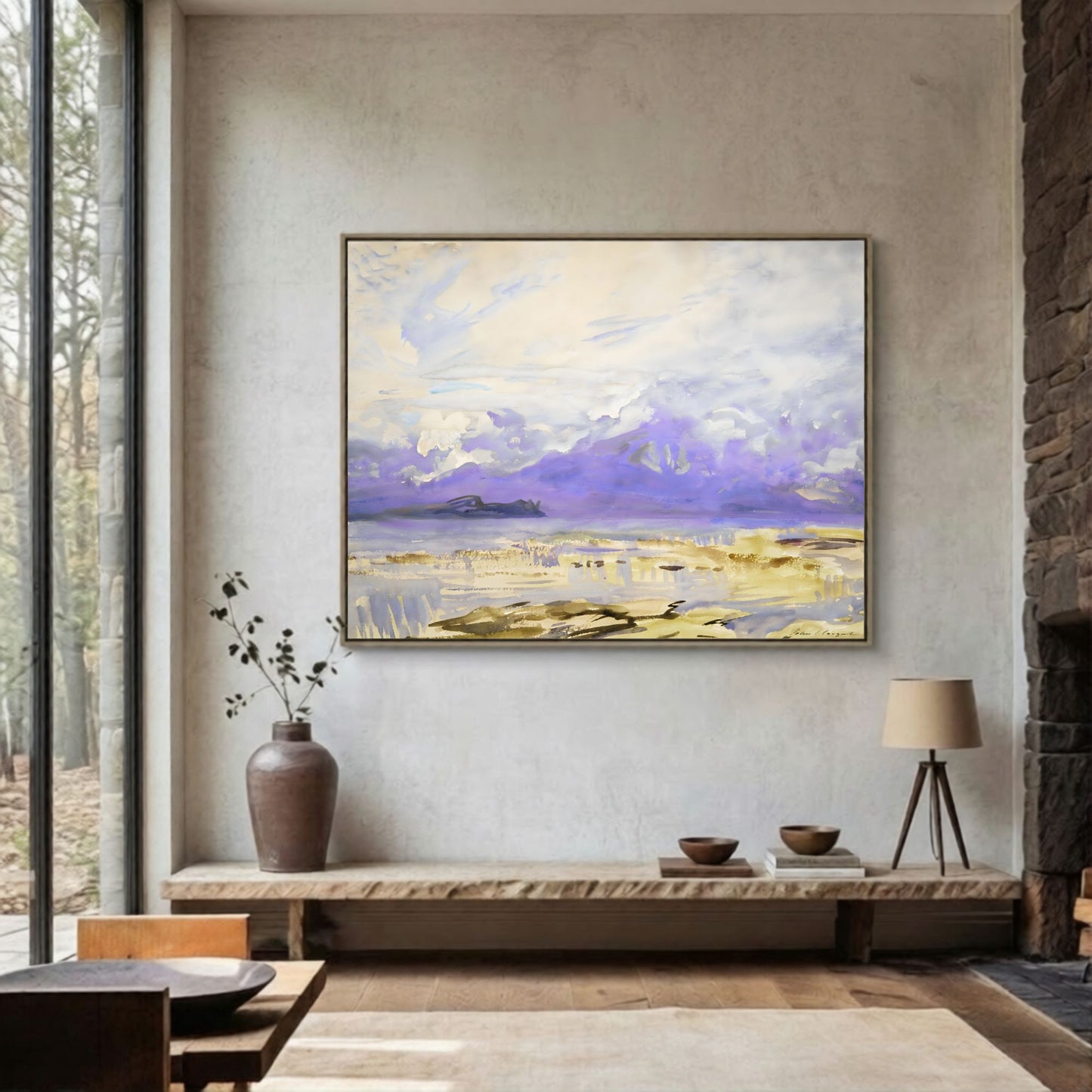 Purple Mountain Landscape Wall Art Canvas - Framed Watercolor Wall Art