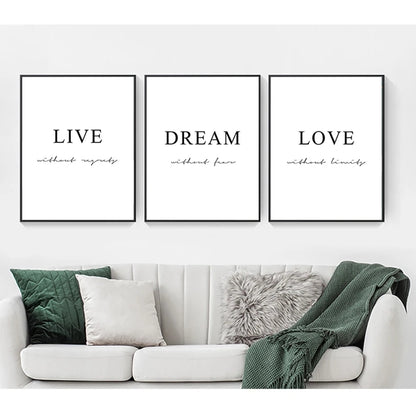 Dream Love Live Motivational Canvas Prints  Black and White Minimalist Simple Quotes Wall Art Nordic Inspirational Pictures For Living Room Bedroom Modern Scandinavian Home Décor