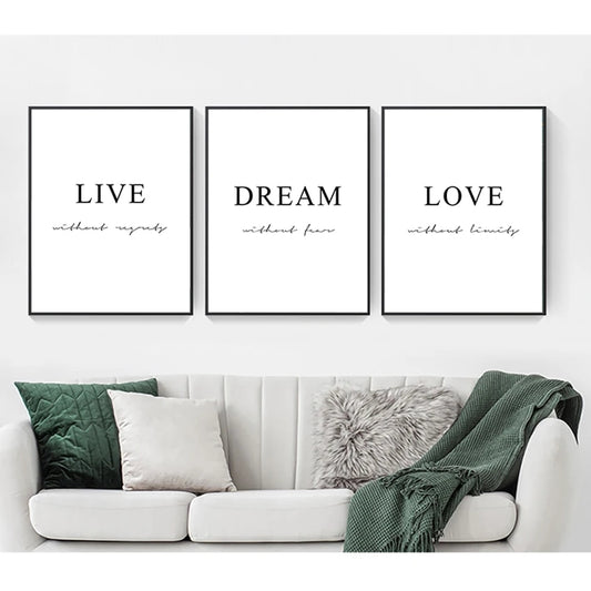 Dream Love Live Motivational Canvas Prints  Black and White Minimalist Simple Quotes Wall Art Nordic Inspirational Pictures For Living Room Bedroom Modern Scandinavian Home Décor