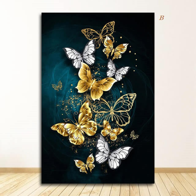 Golden and Blue Butterflies Canvas Prints | Abstract Azure Contemporary Fine Art For Modern Living Room Home Office Interior Décor