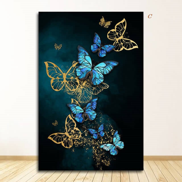 Golden and Blue Butterflies Canvas Prints | Abstract Azure Contemporary Fine Art For Modern Living Room Home Office Interior Décor