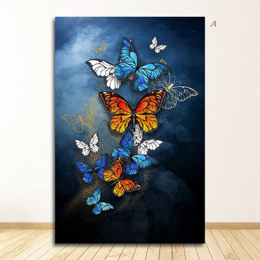 Golden and Blue Butterflies Canvas Prints | Abstract Azure Contemporary Fine Art For Modern Living Room Home Office Interior Décor