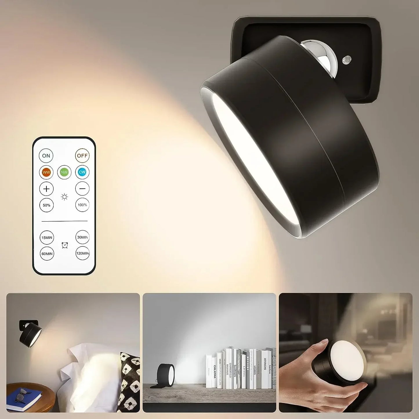 Rechargeable LED Wall Sconce with Remote Control – Dimmable Rotatable Battery Operated Night Light for Bedroom, Hallway, Reading, and Closet Lighting