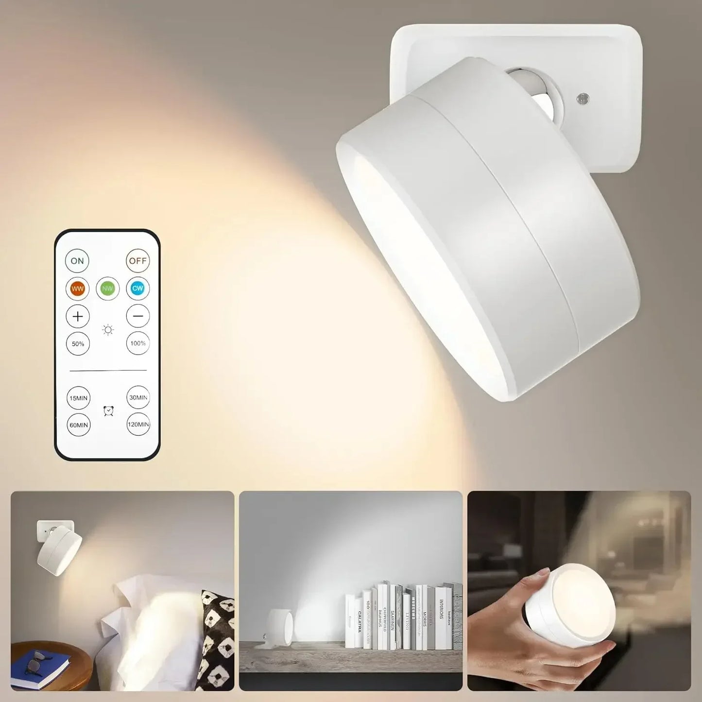 Rechargeable LED Wall Sconce with Remote Control – Dimmable Rotatable Battery Operated Night Light for Bedroom, Hallway, Reading, and Closet Lighting