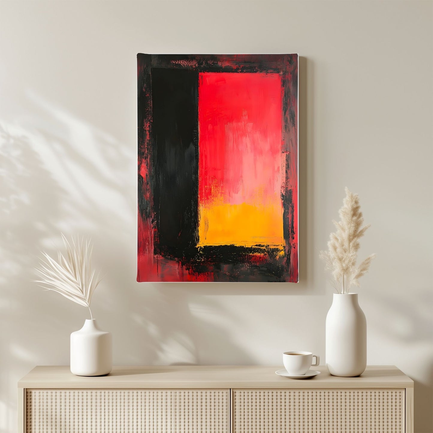 Red Black Abstract Framed Wall Art Canvas Print - Modern Color Block Painting for Contemporary Living Room