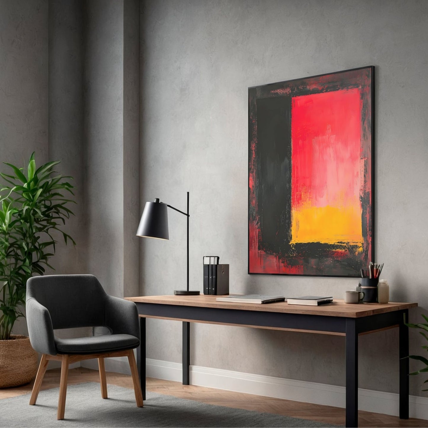 Red Black Abstract Framed Wall Art Canvas Print - Modern Color Block Painting for Contemporary Living Room