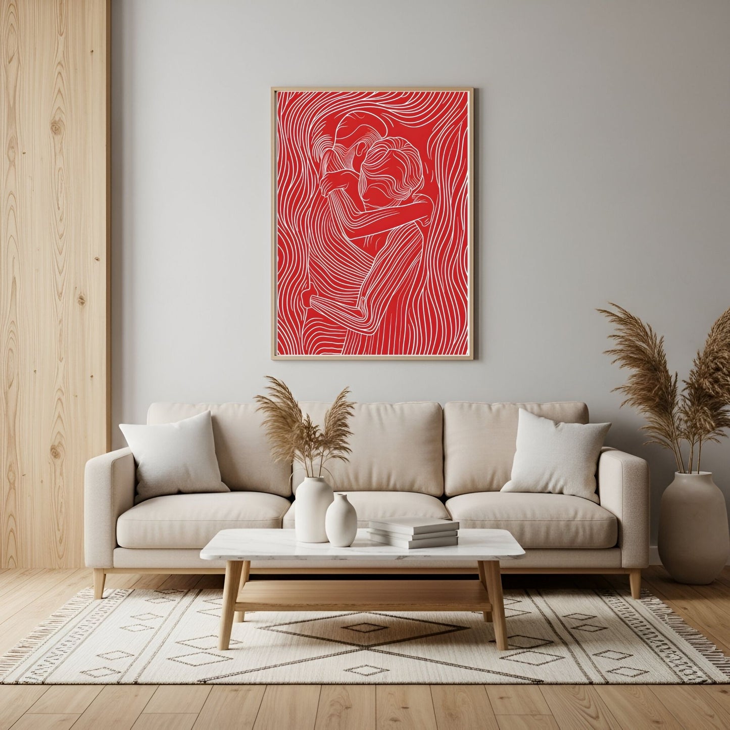 Red Line Art Couple Framed Wall Art Canvas Print – Modern Abstract Romantic Figure Drawing