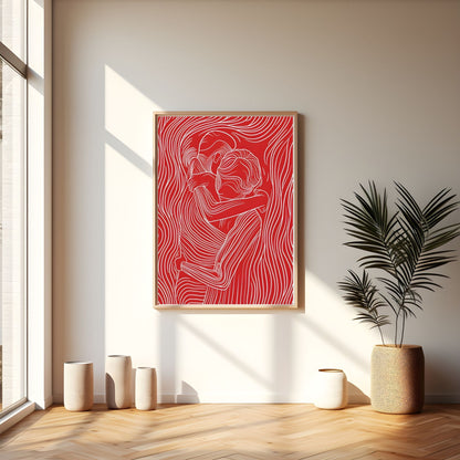 Red Line Art Couple Framed Wall Art Canvas Print – Modern Abstract Romantic Figure Drawing