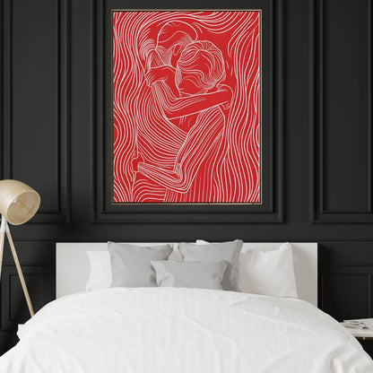 Red Line Art Couple Framed Wall Art Canvas Print – Modern Abstract Romantic Figure Drawing