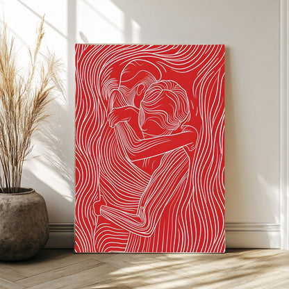 Red Line Art Couple Framed Wall Art Canvas Print – Modern Abstract Romantic Figure Drawing