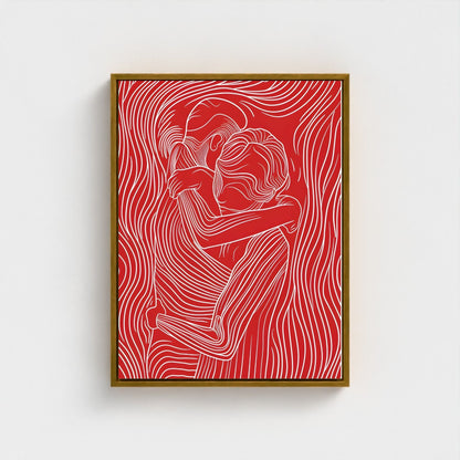Red Line Art Couple Framed Wall Art Canvas Print – Modern Abstract Romantic Figure Drawing