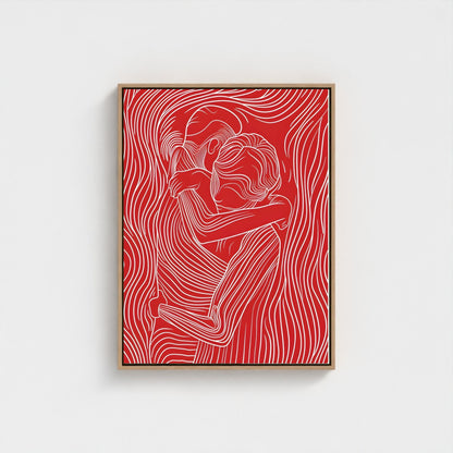 Red Line Art Couple Framed Wall Art Canvas Print – Modern Abstract Romantic Figure Drawing