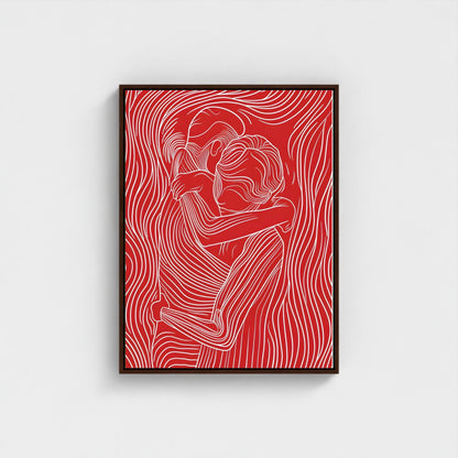 Red Line Art Couple Framed Wall Art Canvas Print – Modern Abstract Romantic Figure Drawing