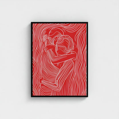 Red Line Art Couple Framed Wall Art Canvas Print – Modern Abstract Romantic Figure Drawing