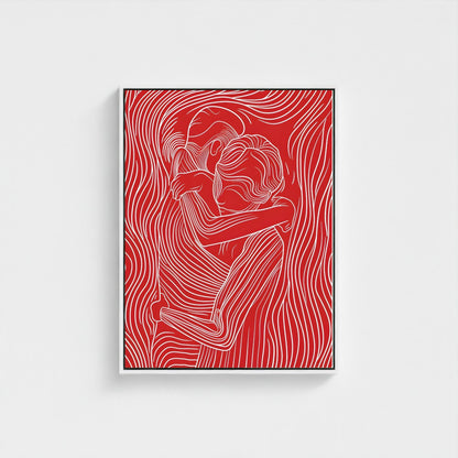 Red Line Art Couple Framed Wall Art Canvas Print – Modern Abstract Romantic Figure Drawing