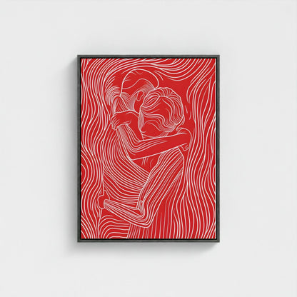 Red Line Art Couple Framed Wall Art Canvas Print – Modern Abstract Romantic Figure Drawing