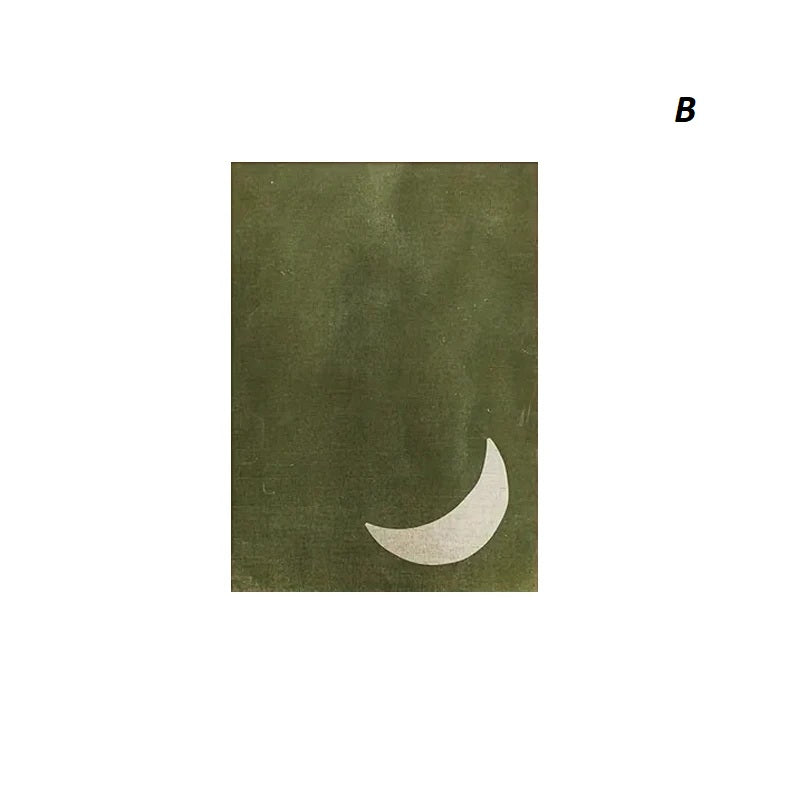 Poster of  a white crescent moon design on a green background