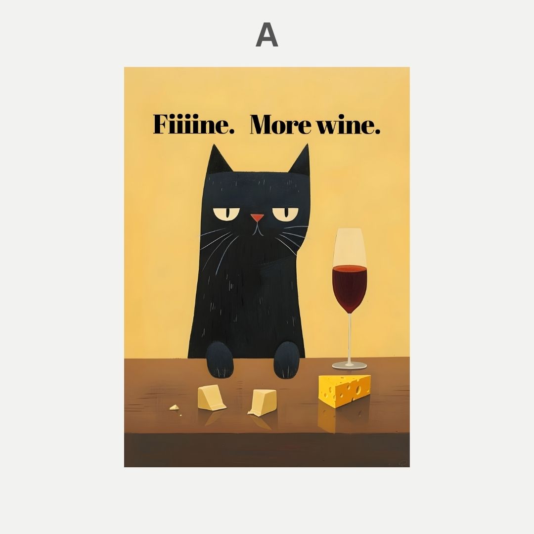 Illustration of a black cat with a glass of wine and cheese on a yellow background.