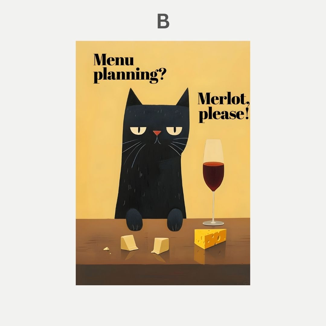 Illustration of a black cat with a glass of red wine and cheese on a yellow background.